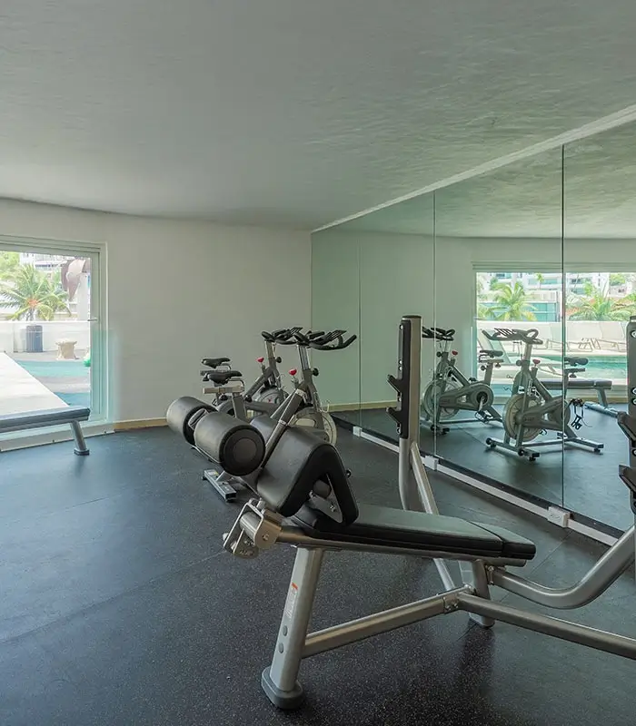 Gimnasio con bicicletas est&aacute;ticas, bancos y espejos. Ventanas con vista al exterior.
