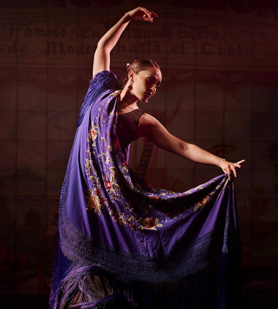 Bailarina de flamenco con vestido y mant&oacute;n azul decorado, posando con elegancia en un escenario oscuro.