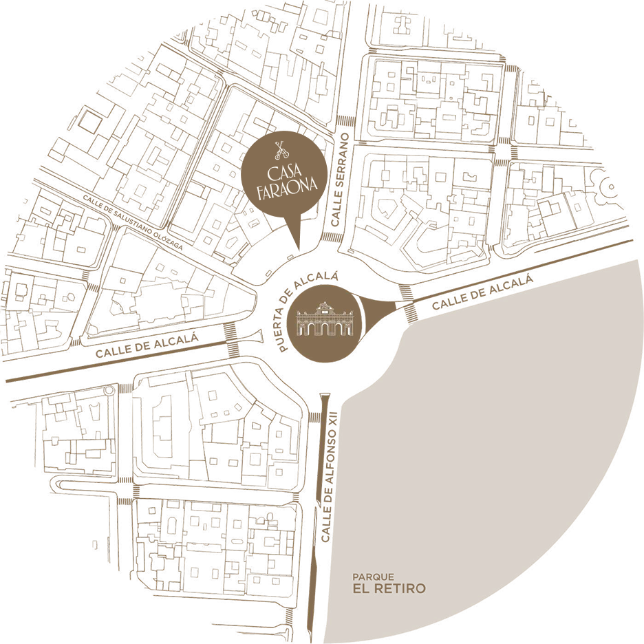 Mapa del &aacute;rea alrededor de la Puerta de Alcal&aacute;, se&ntilde;alando la ubicaci&oacute;n de Casa Faraona en la calle Serrano.
