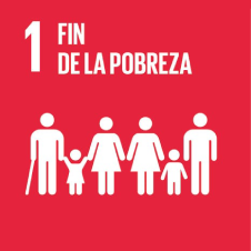 Icono del objetivo 1 de la ONU: Fin de la pobreza, con figuras humanas sobre fondo rojo.