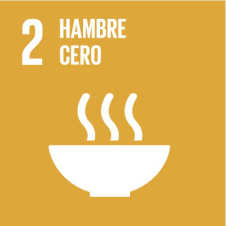 Icono del Objetivo 2 de la ONU: Hambre Cero, con un cuenco humeante sobre fondo amarillo.