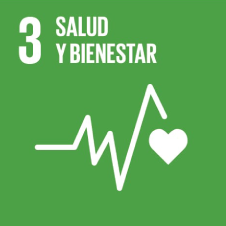 Número 3: Salud y Bienestar, con un corazón y línea de pulso sobre fondo verde.