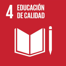 Icono del ODS 4: Educación de Calidad, con un libro y un lápiz sobre fondo rojo.