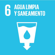 "Icono ODS 6: Agua limpia y saneamiento, fondo azul con vaso y gota de agua."