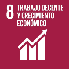 Icono del Objetivo 8: Trabajo decente y crecimiento económico, fondo rojo, flecha ascendente.