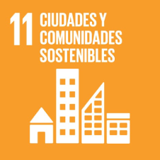 Icono del Objetivo 11: Ciudades y comunidades sostenibles, fondo naranja.