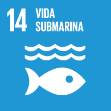 Icono del ODS 14: vida submarina, con un pez y olas sobre fondo azul.