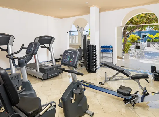 Gimnasio moderno con bicicletas, caminadoras y pesas, vista exterior hacia jardín.