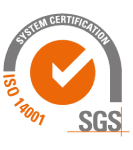Certificación SGS ISO 14001 con logo de check naranja y texto "SYSTEM CERTIFICATION".