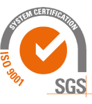 Logotipo de certificación ISO 9001 de SGS con un cheque naranja en un círculo.