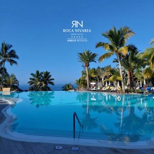 Piscina infinita rodeada de palmeras, cielo despejado y tumbonas en un hotel de lujo.