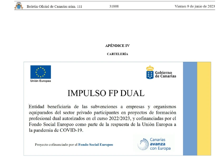 "Cartel de subvención Impulso FP Dual, Unión Europea y Gobierno de Canarias."
