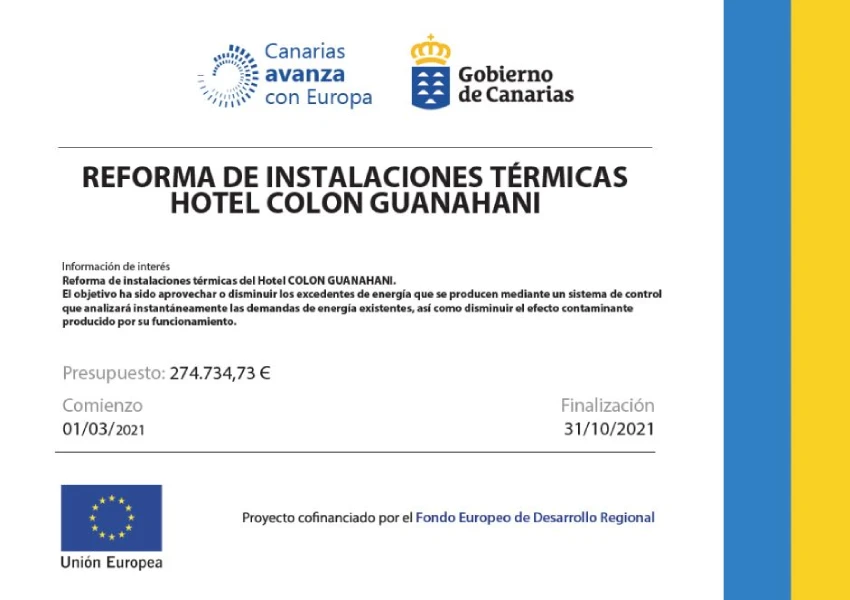 Cartel de reforma en instalaciones térmicas del Hotel Colón Guanahani, proyecto de Canarias.