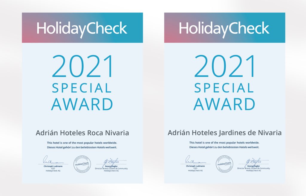 HolidayCheck Special 2021 AWARD for our hotels Jardines de Nivaria***** &amp; Roca Nivaria GH***** - Adrian Hoteles