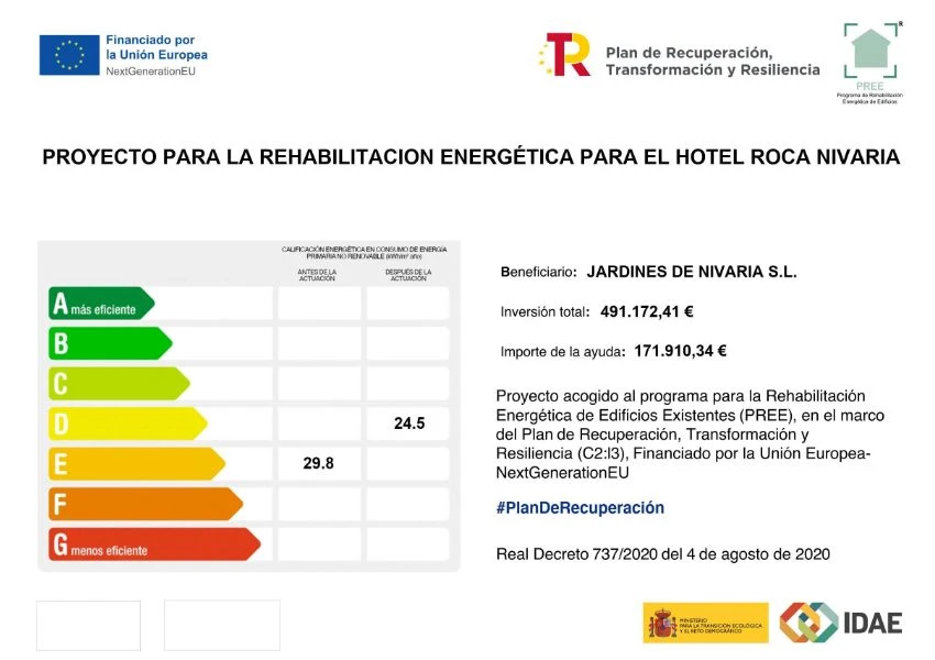 Proyecto de rehabilitación energética para Hotel Roca Nivaria, con mejoras en eficiencia.