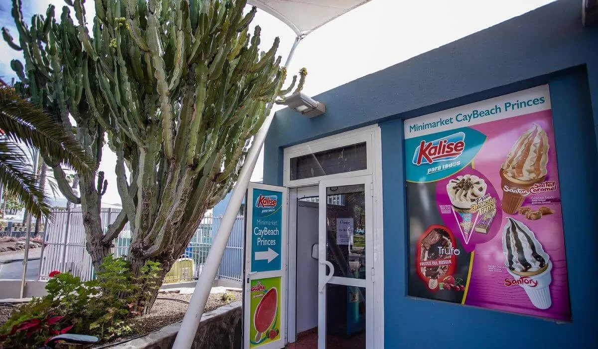 Entrada de minimercado con cartel de helados Kalise y cactus al lado.