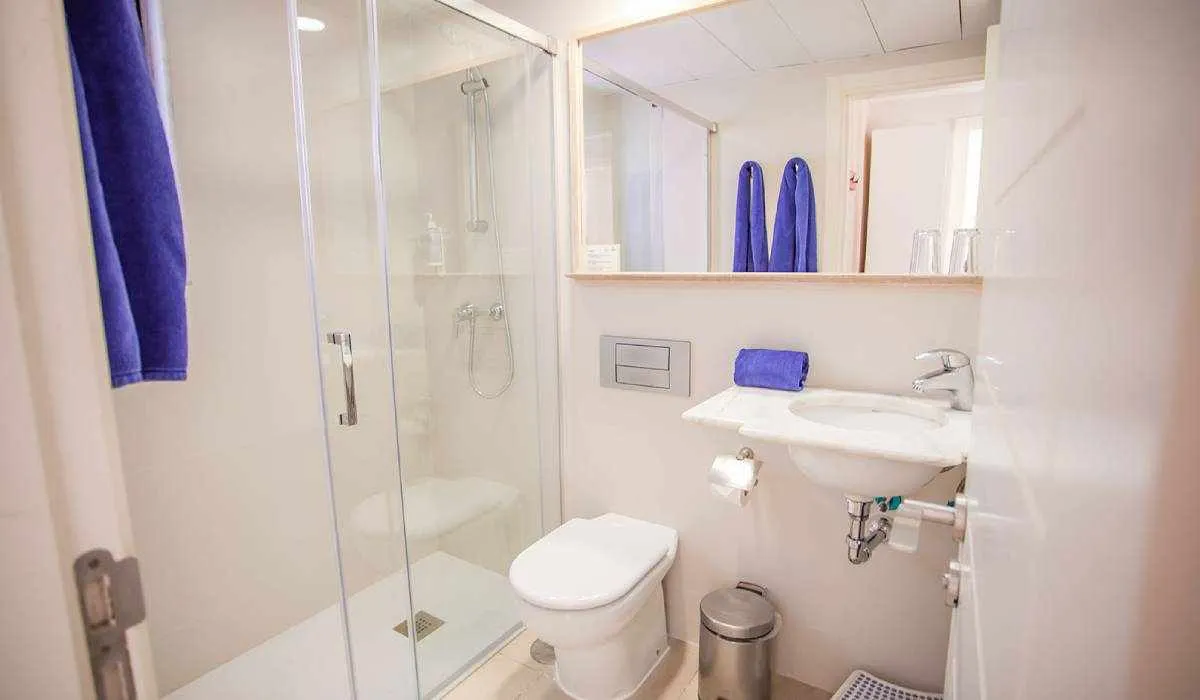 Baño pequeño con ducha, lavabo y toallas azules.