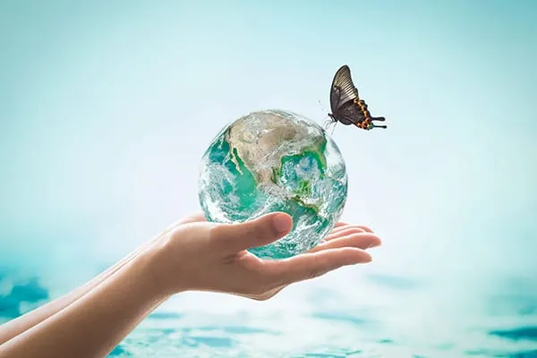 Mano sosteniendo un planeta con una mariposa encima.