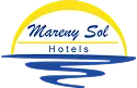 Logo de "Mareny Sol Hotels" con sol amarillo y mar azul.