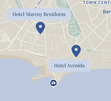 Mapa con ubicaciones de Hotel Mareny Benidorm y Hotel Avenida.