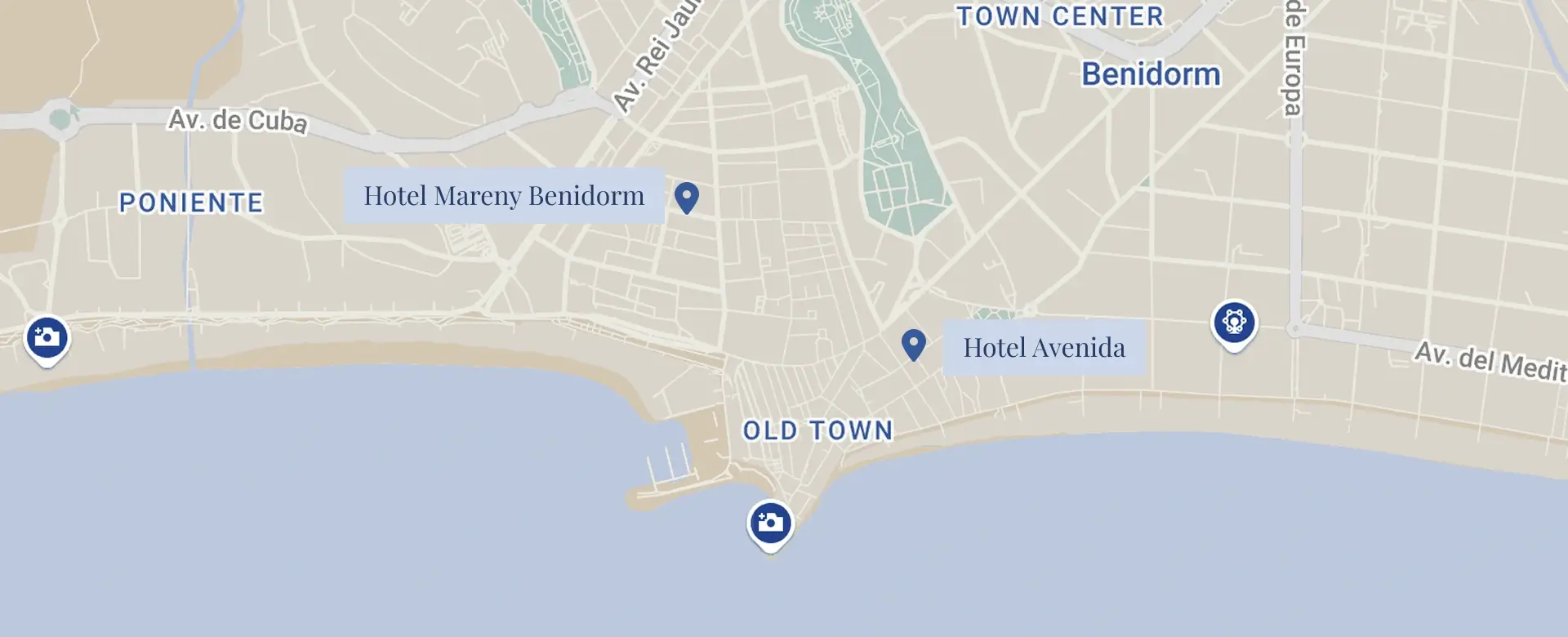 Mapa de Benidorm con hoteles Mareny y Avenida señalados.