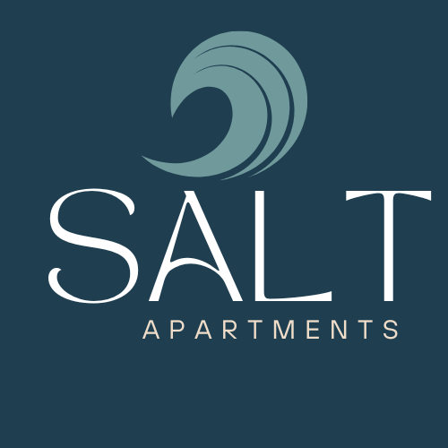 Logo de "Salt Apartments" con una ola estilizada sobre un fondo azul oscuro.