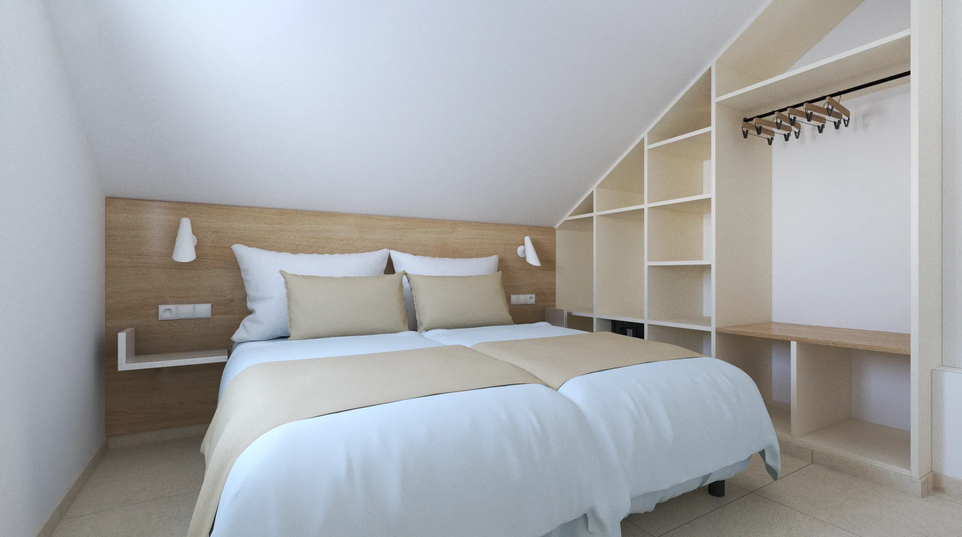 Habitaci&oacute;n con cama doble, cabecero de madera y armario abierto con perchas.