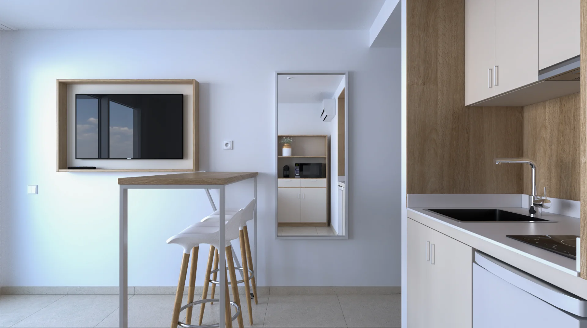 Cocina moderna con mesa alta, taburetes, televisor en la pared, microondas y fregadero.