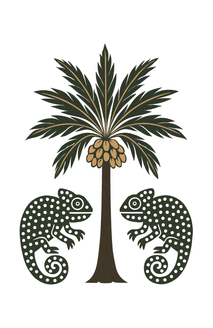 Palm tree with dates, flanked by two abstract chameleon shapes on a transparent background.