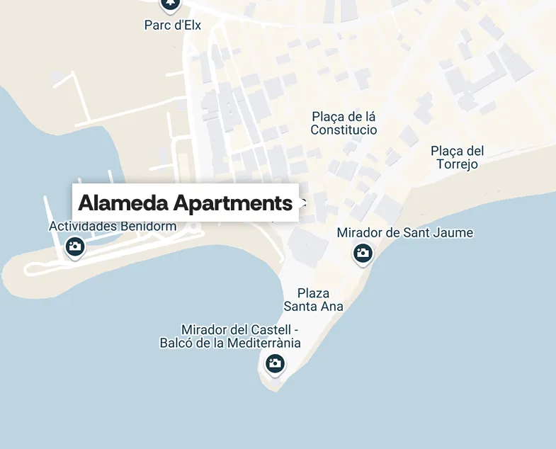 Mapa de Benidorm mostrando Alameda Apartments y sitios cercanos como plazas y miradores.