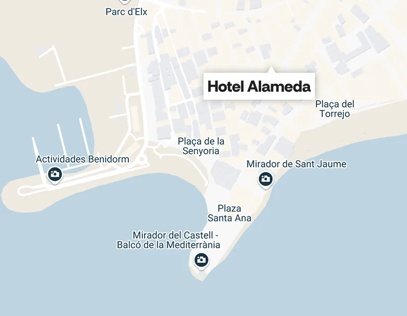 Mapa del Hotel Alameda y sus alrededores en Benidorm, con miradores y plazas cercanas.