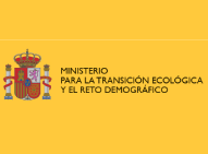 Escudo y texto: "Ministerio para la Transición Ecológica y el Reto Demográfico" en fondo amarillo.