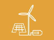 Ícono de energía renovable: turbina eólica, panel solar y batería sobre fondo amarillo.