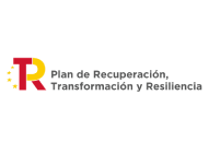 Logo del Plan de Recuperación, Transformación y Resiliencia con letras grises y símbolo rojo y amarillo.