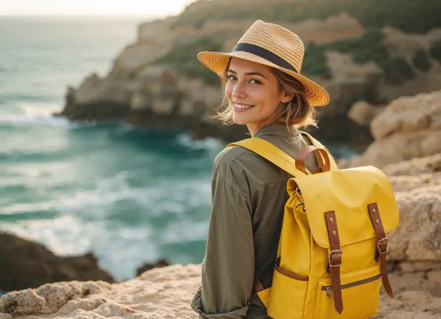 Mujer con sombrero y mochila amarilla sonríe frente a un paisaje costero rocoso al atardecer.
