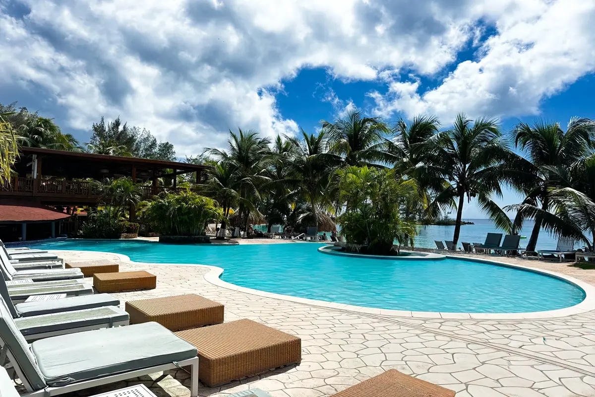 Piscina rodeada de palmeras con cielo parcialmente nublado.