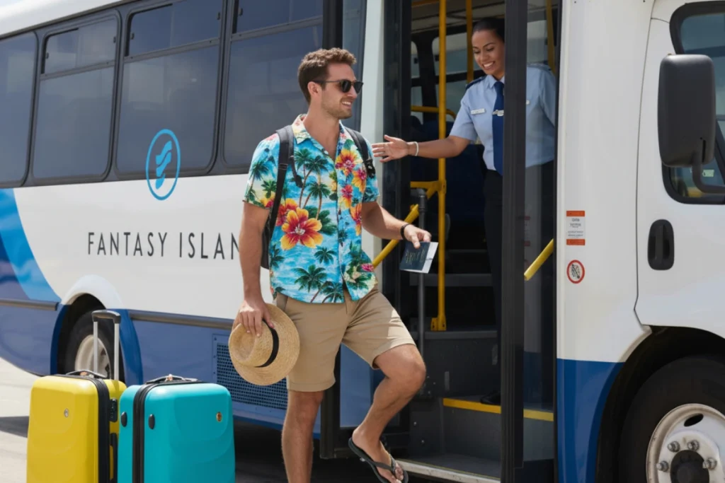 Hombre baja de un bus turístico con maletas coloridas.