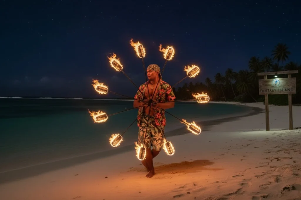 Artista con antorchas en la playa bajo un cielo estrellado en una isla.