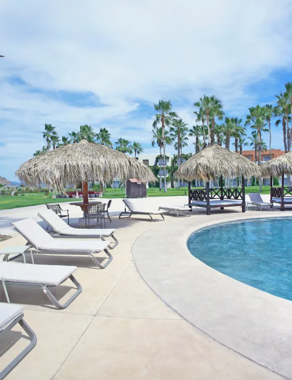 Piscina rodeada de sillas reclinables y sombrillas de paja, con palmeras en el fondo.