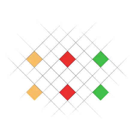 Semáforo en seis estados con diamantes; amarillo, rojo y verde en dos filas.