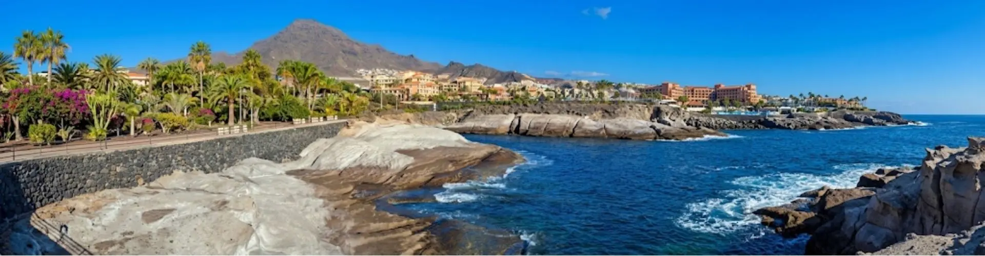 Paseo mar&iacute;timo de Costa Adeje junto a acantilados de roca volc&aacute;nica clara, palmeras y el oc&eacute;ano Atl&aacute;ntico.