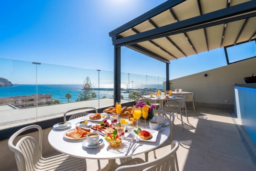 Terraza de Amanay Sky Bar con mesa de brunch, p&eacute;rgola y espectaculares vistas panor&aacute;micas al mar y al puerto.