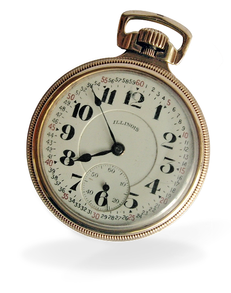 Reloj de bolsillo antiguo con esfera blanca, n&uacute;meros negros grandes y una subesfera para los segundos. Marca "Illinois".