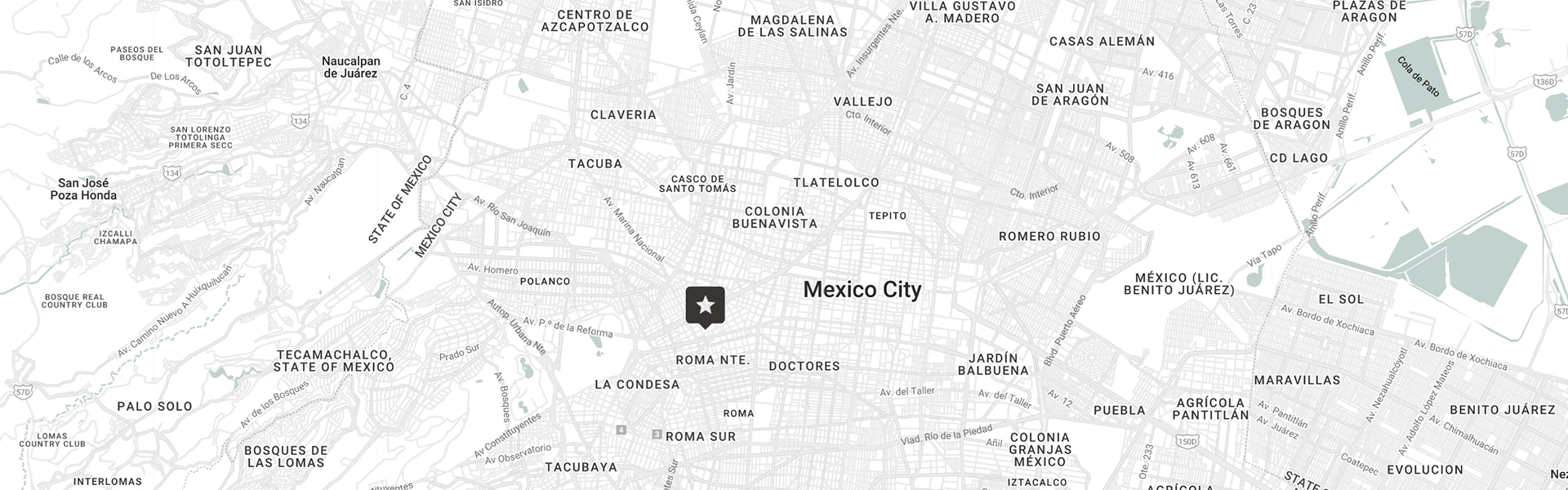 Mapa de la Ciudad de M&eacute;xico destacando colonias principales, con un marcador en Roma Norte.