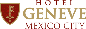 Escudo rojo y oro con llaves; texto: &ldquo;Hotel Geneve M&eacute;xico City&rdquo;.