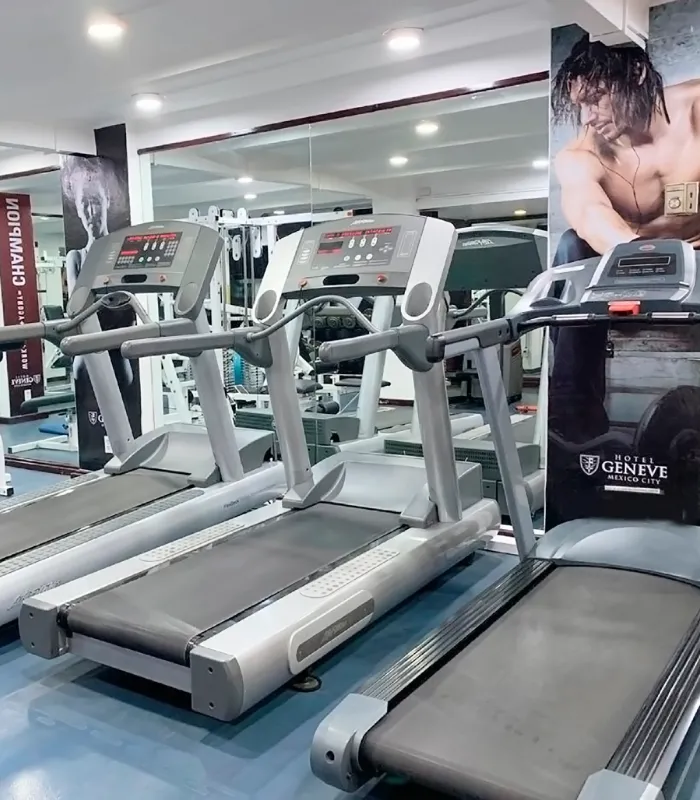 Three treadmills in a gym with a mirrored wall and a fitness poster.
