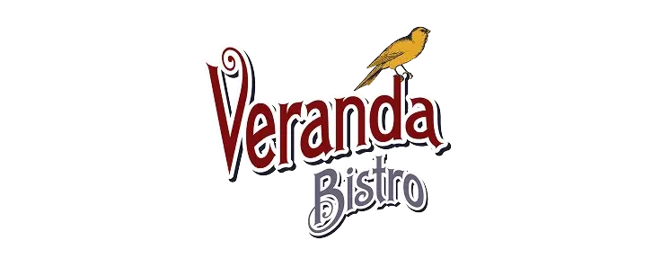 Logo de "Veranda Bistro" con un p&aacute;jaro amarillo posado sobre la letra "r". Fondo transparente.