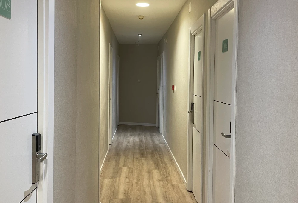 Pasillo moderno con suelo de madera, puertas blancas y luz suave.