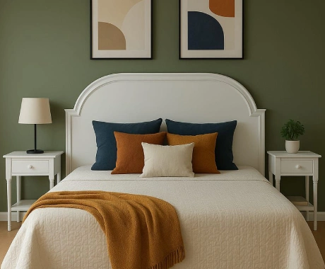 Dormitorio acogedor con cama, cojines coloridos, cuadros geométricos y plantas decorativas.