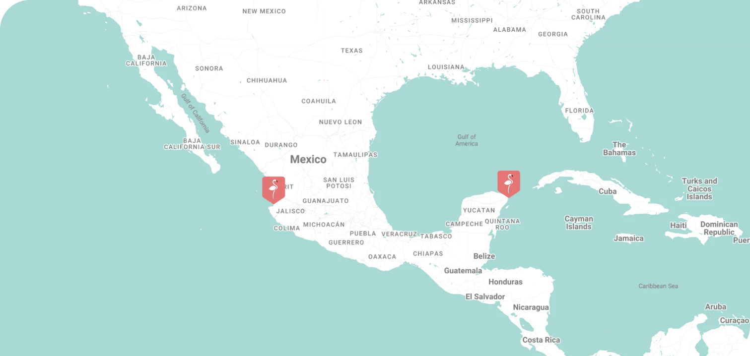 Mapa de México con etiquetas de flamencos en Jalisco y Quintana Roo, mostrando el Caribe y partes de EE. UU.